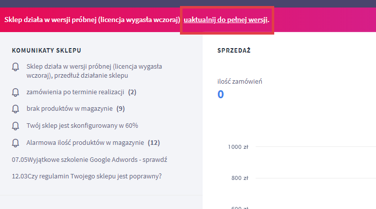Panel administracyjny sklepu > Pulpit > Komunikat o aktualizacji sklepu do pełnej wersji