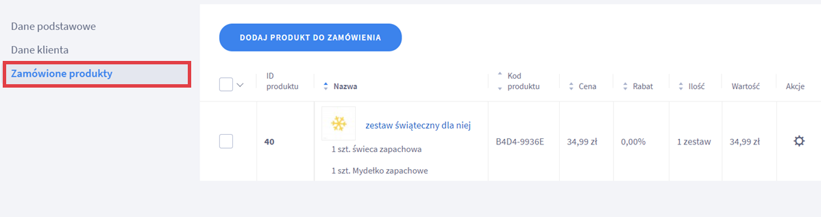 Przykładowe zamówienie z zestawem produktów w Panelu administracyjnym sklepu Shoper Panel administracyjny sklepu > Obsługa sklepu > Zamówienia > Edycja > Zamówione produkty > Zestaw produktów