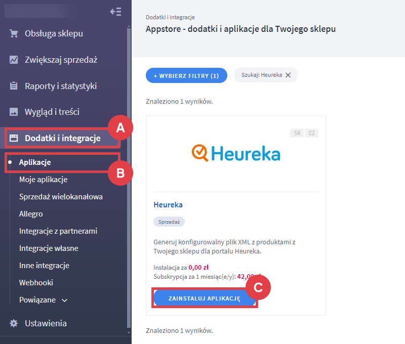 Zainstaluj aplikację do generowania pliku XML z produktami dla serwisu Heureka Panel administracyjny sklepu > Dodatki i integracje > Aplikacje > Heureka