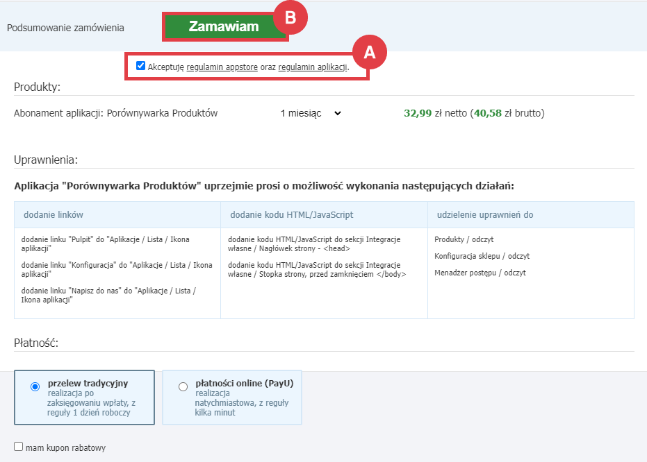 Panel administracyjny sklepu > Dodatki i integracje > Aplikacje > Porównywarka Produktów > Zamawianie abonamentu