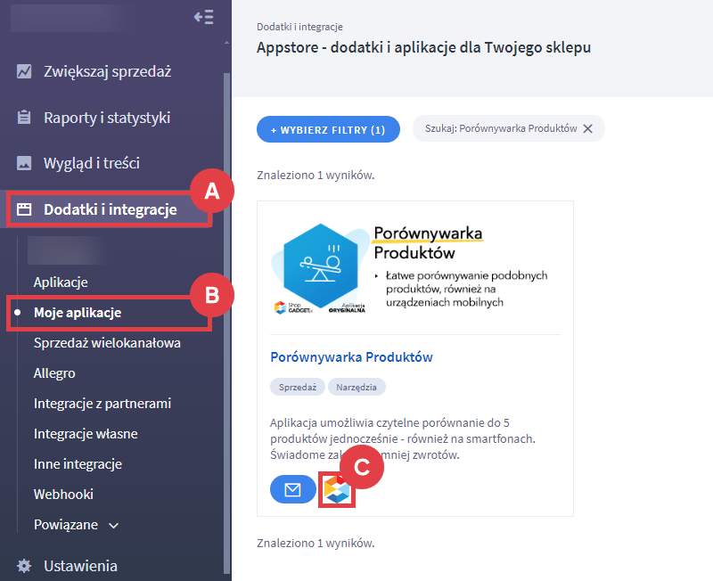 Panel administracyjny sklepu > Dodatki i integracje > Moje aplikacje > Porównywarka Produktów