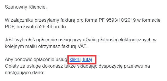 Wiadomość e-mail > Załącznony dokument PRO FORMA > Odnośnik do płatności