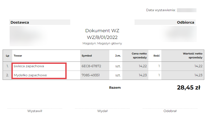 Wydanie zewnętrzne dokumentuje jakie towary wydawane są z magazynu sklepu Dokument WZ > Towar