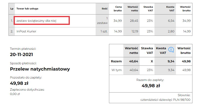 Przykład faktury VAT wygenerowanej dla zamówienia z zestawem produktów Faktura VAT > Towar lub usługa