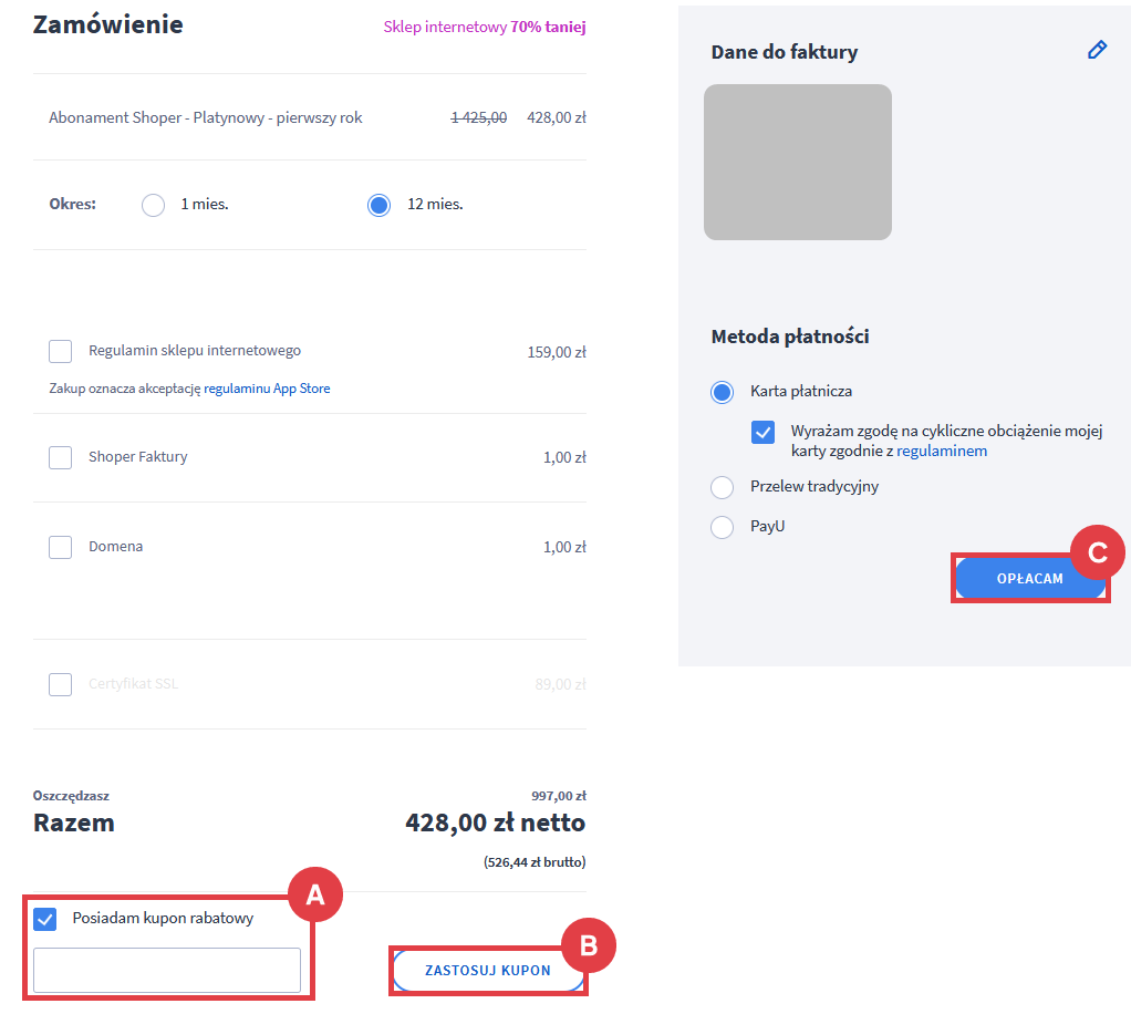 Formularz zamówienia usługi Shoper > Zastosuj kupon rabatowy