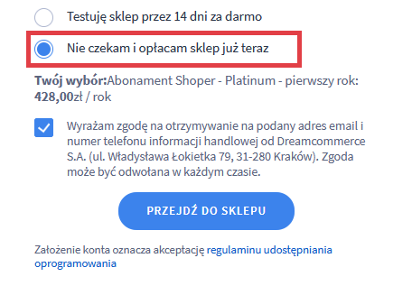 Zakładanie sklepu internetowego > Opłacanie abonamentu