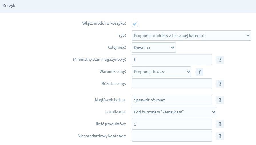Aplikacja Automatyczne sugestie produktów > Ustawienia > Koszyk
