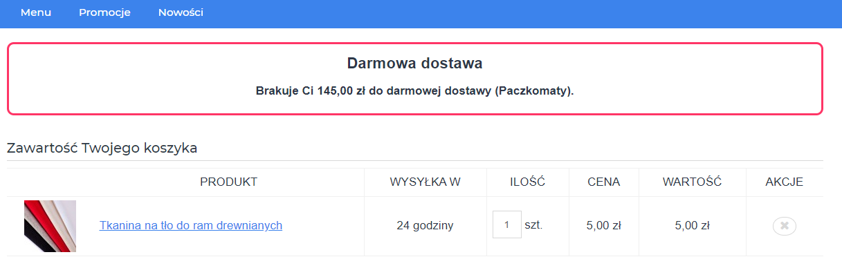Strona koszyka w sklepie Shoper > Moduł Darmowa dostawa