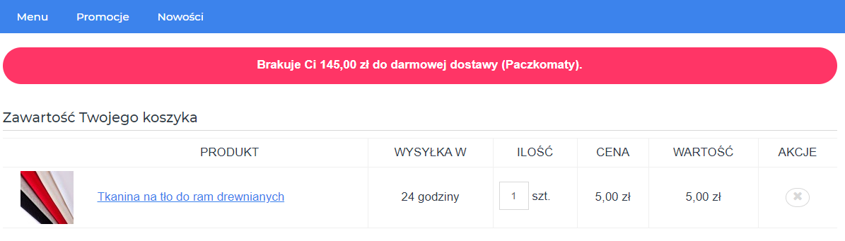 Przykład informacji o darmowej dostawie na stronie koszyka w sklepie Shoper Strona koszyka sklepu Shoper > Moduł Darmowa Dostawa > Wzór 2