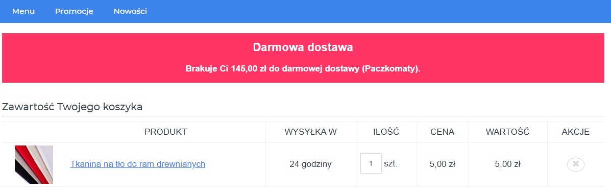 Strona koszyka sklepu internetowego > Moduł Darmowa dostawa > Wygląd po zmianie stylu CSS