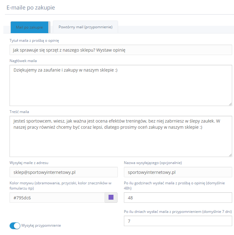 Wiadomości e-mail wysyłana po zakupie zachęcająca do wystawienia opinii (GetReview) Konfiguracja wiadomości e-mail po zakupie w GetReview