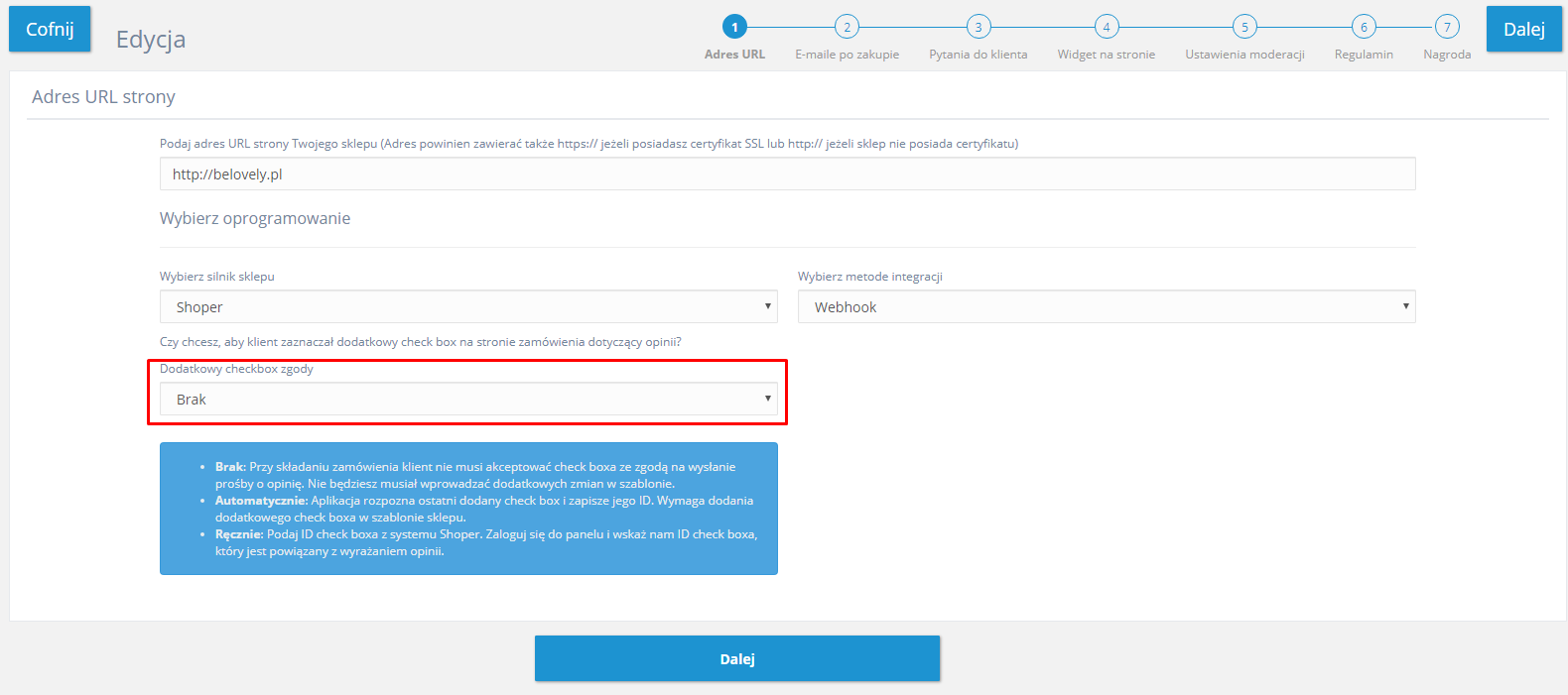 W GetReview przejdź do edycji kampanii w zakładce: Konfiguracja i w odpowiednim polu wybierz: Brak i zapisz zmiany Ustawienia aplikacji do zbierania opinii GetReview