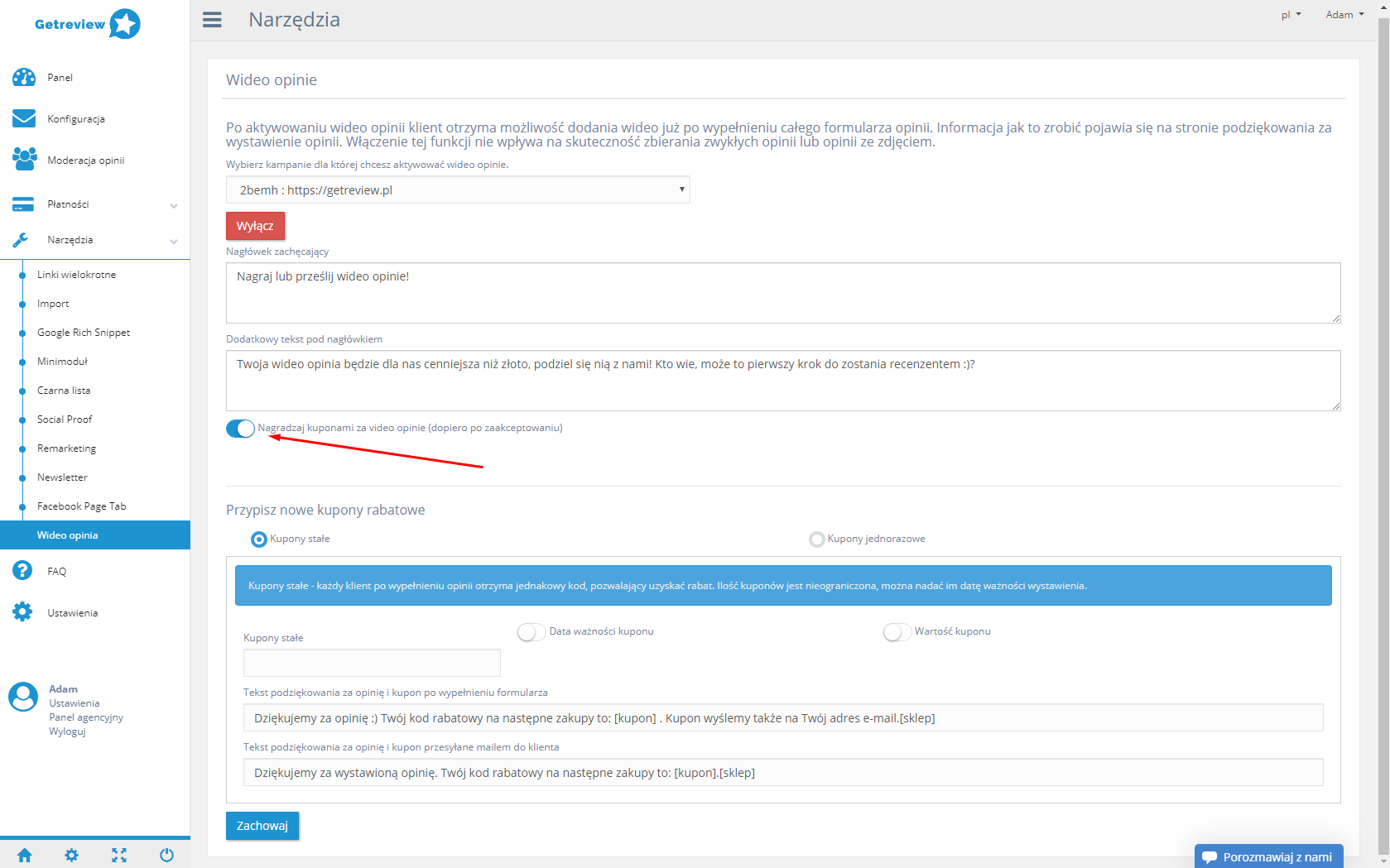 Aby włączyć opcję nagradzania za wystawione wideo opinie, zaznacz odpowiednią opcję. Funkcja nagradzania opinii za wystawione wideo opinie.