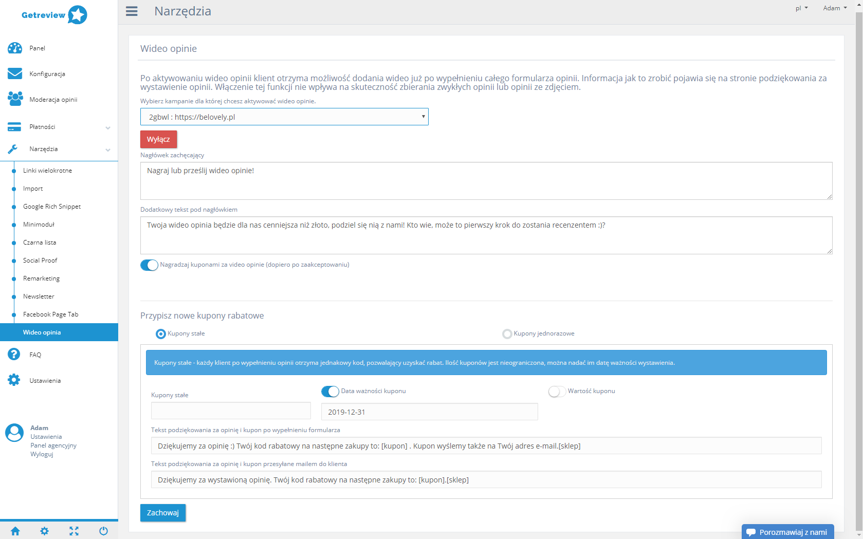 Konfiguracja rabatów rozdawanych klientom wystawiającym opinie (GetReview) Rabaty dla klientów wystawiających opinie do zakupionych produktów