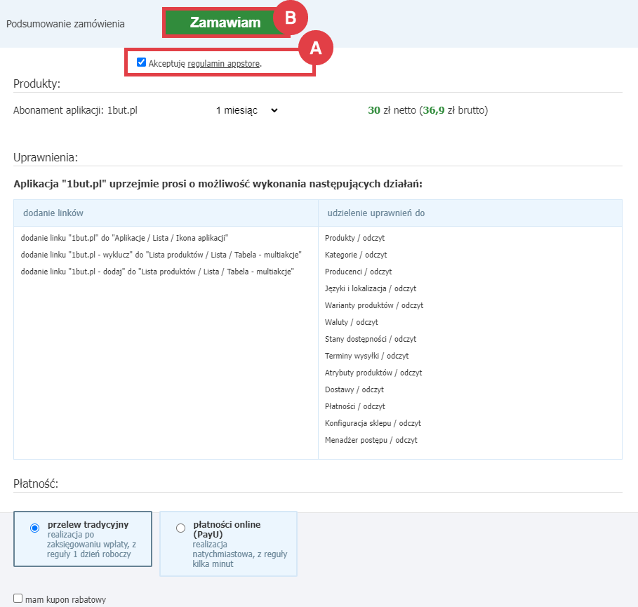 Zamów abonament aplikacji 1but.pl w Panelu administracyjnym sklepu Shoper Panel administracyjny sklepu > Dodatki i integracje > Aplikacje > 1but.pl > Instalacja