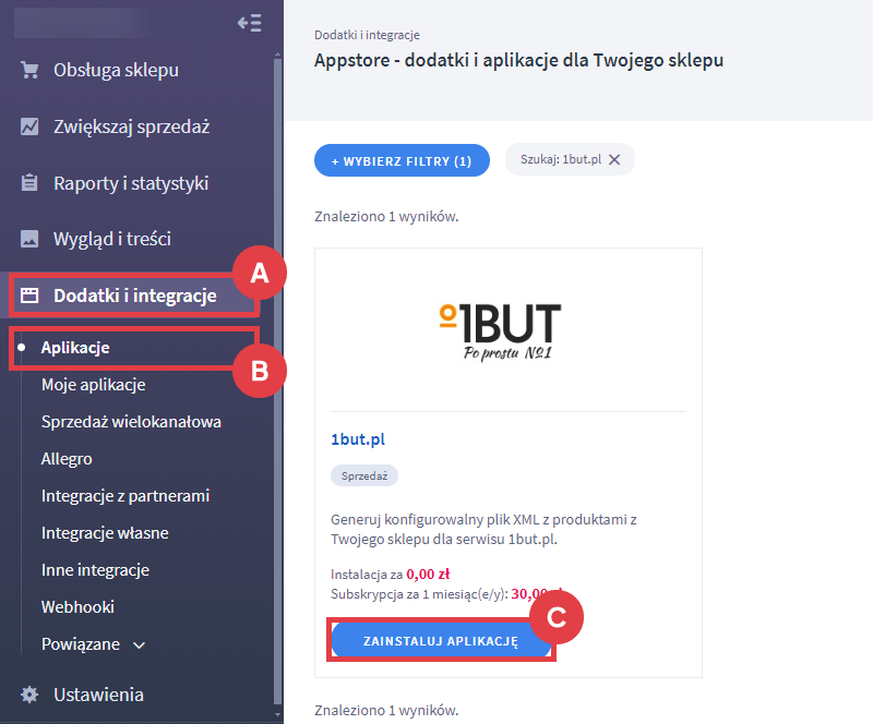 Dodaj wtyczkę do generowania feeda produktowego dla serwisu 1but.pl Panel administracyjny sklepu > Dodatki i integracje > Aplikacje > 1but.pl