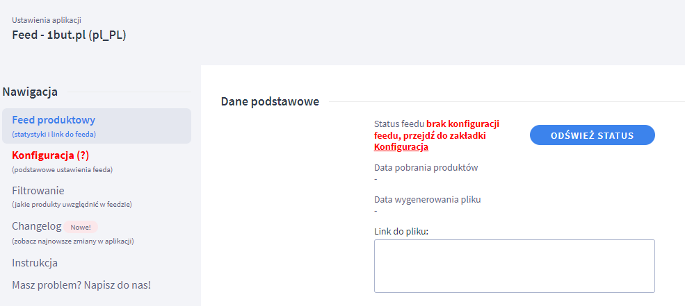 Przykładowy komunikat o braku konfiguracji feedu produktowego w aplikacji 1but.pl Panel administracyjny sklepu > Dodatki i integracje > Moje aplikacje > 1but.pl > Pulpit