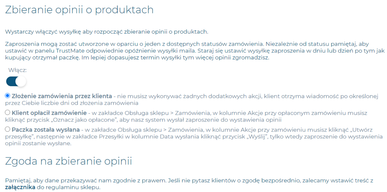 Aplikacja Trustmate opinie o sklepie i produktach > Konfiguracja > Zaproszenia > Włączanie modułu
