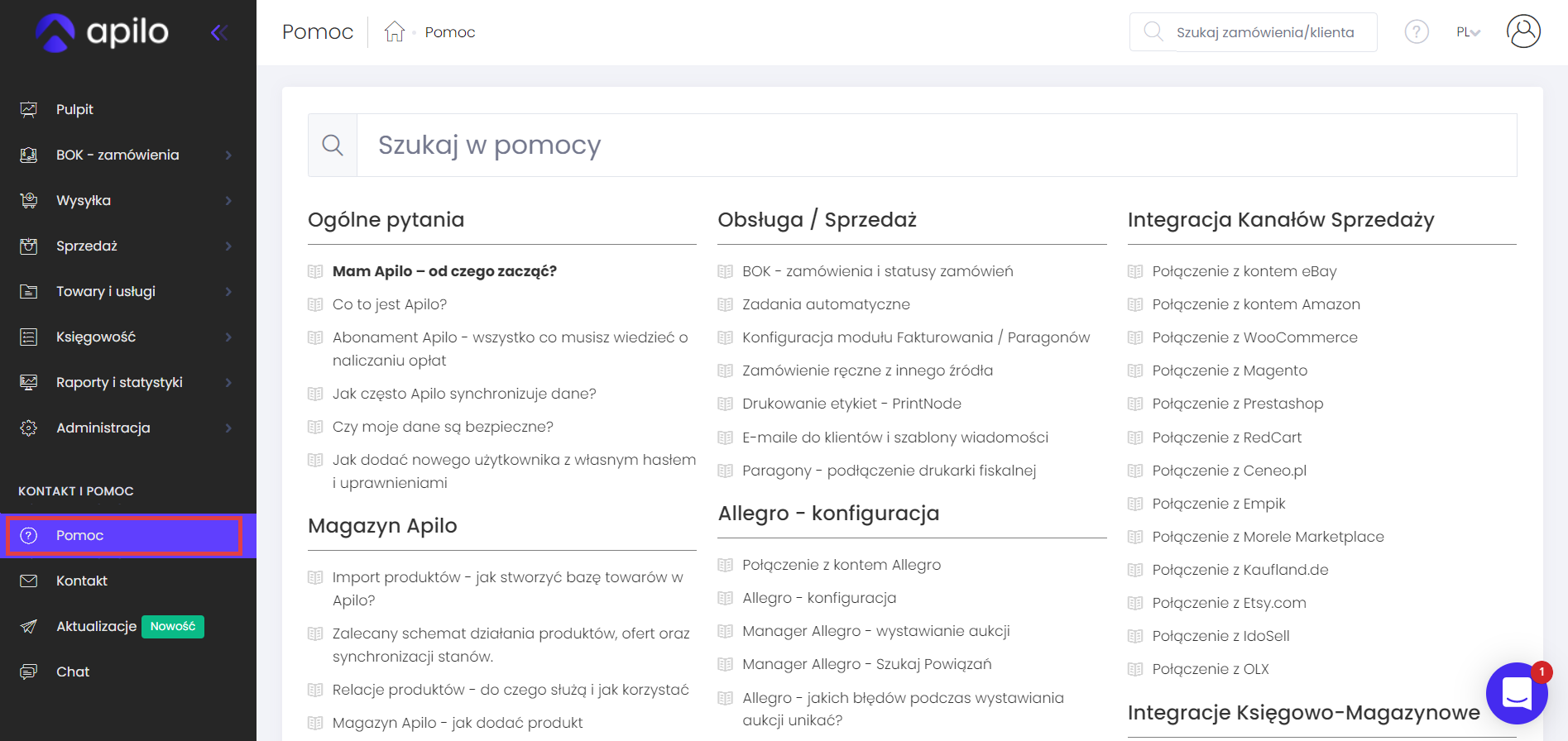 W panelu Apilo przejdź do zakładki Pomoc Panel Apilo