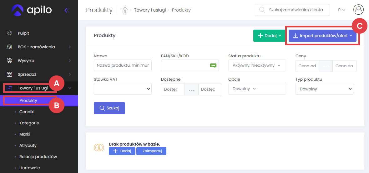 Przejdź do importu produktów Panel administracyjny Apilo > Towary i usługi > Produkty