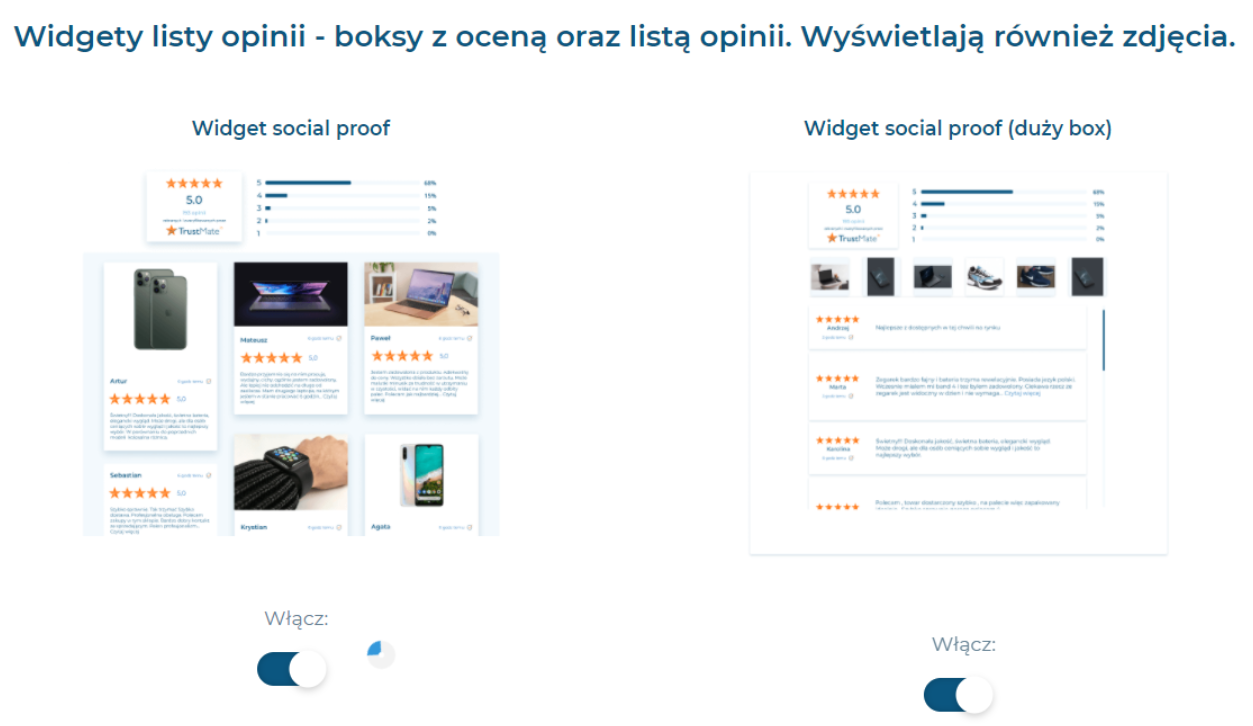 Aplikacja Trustmate opinie o sklepie i produktach > Konfiguracja > Widget  - prezentuj opinie > Boksy z oceną i lista opinii