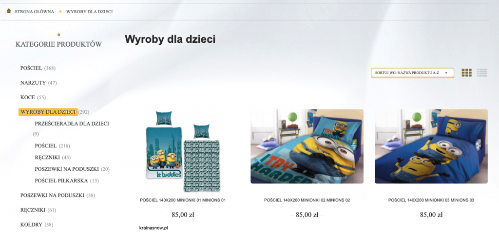 Przykład drzewa kategorii w sklepie krainasnow.pl