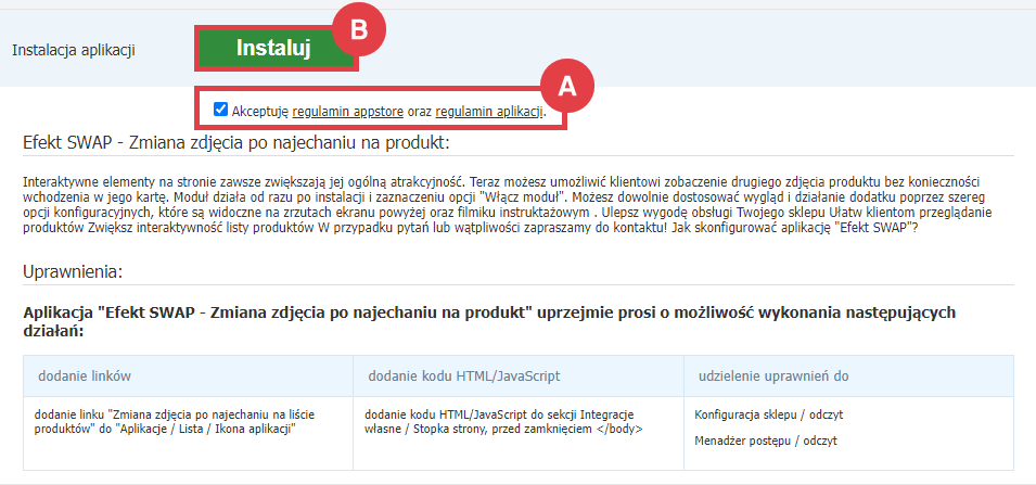 Zainstaluj aplikację do zmiany zdjęcia po najechaniu na liście produktów Panel administracyjny sklepu > Dodatki i integracje > Aplikacje > Efekt SWAP > Instalacja