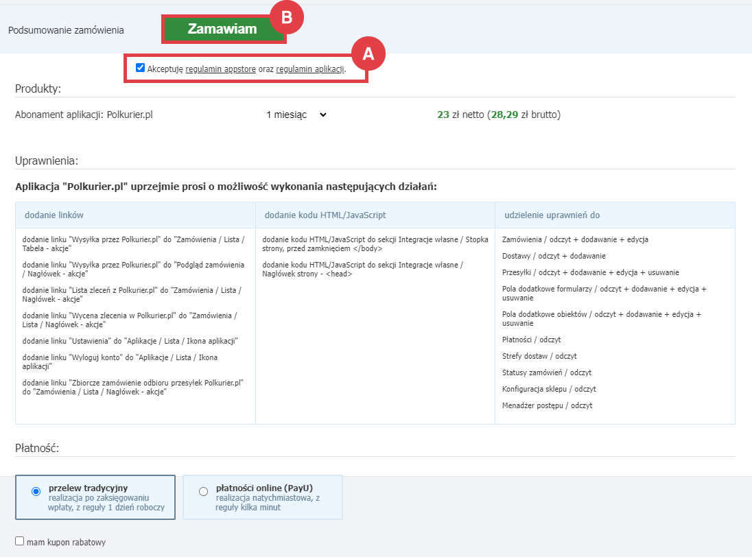 Panel administracyjny sklepu > Dodatki i integracje > Aplikacje > Polkurier.pl > Instalacja