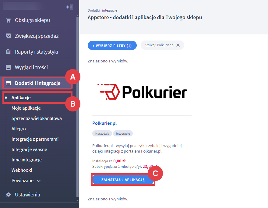 Panel administracyjny sklepu > Dodatki i integracje > Aplikacje > Polkurier.pl