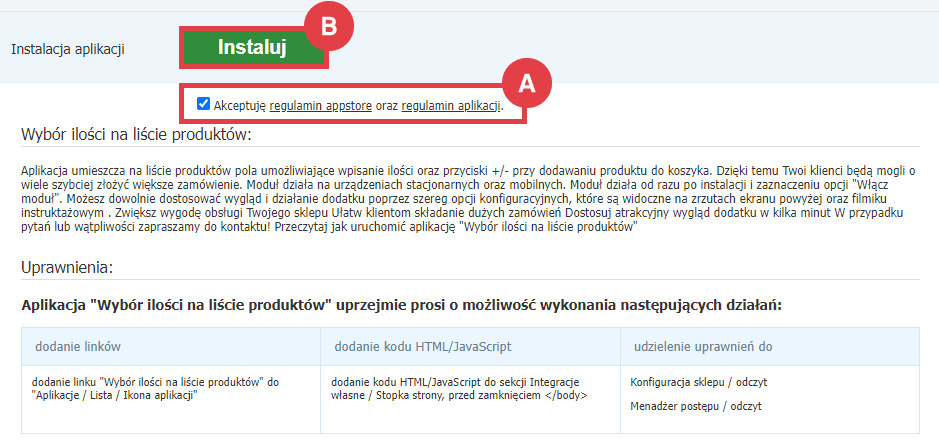 Panel administracyjny sklepu > Dodatki i integracje > Aplikacje > Wybór ilości na liście produktów > Instalacja