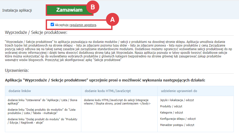 Panel administracyjny sklepu > Dodatki i integracje > Aplikacje > Wyprzedaże / Sekcje produktowe > Instalacja