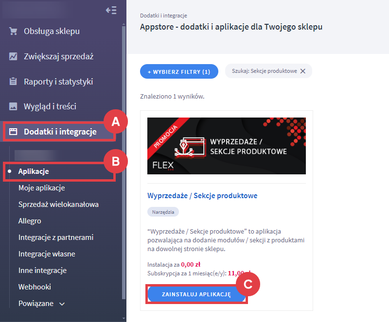 Panel administracyjny sklepu > Dodatki i integracje > Aplikacje > Wyprzedaże / Sekcje produktowe