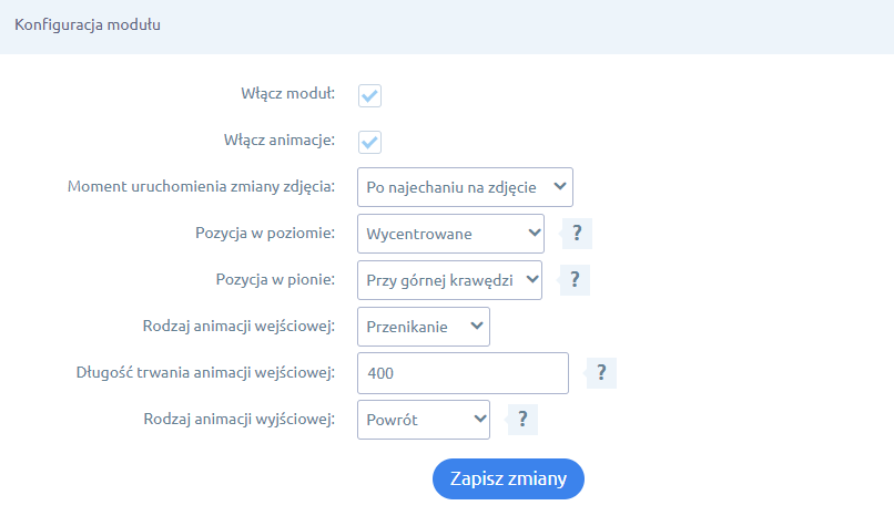 Aktywuj i ustaw moduł uruchomienia zmiany zdjęcia produktu Panel administracyjny sklepu > Dodatki i integracje > Moje aplikacje > Efekt SWAP > Konfiguracja modułu