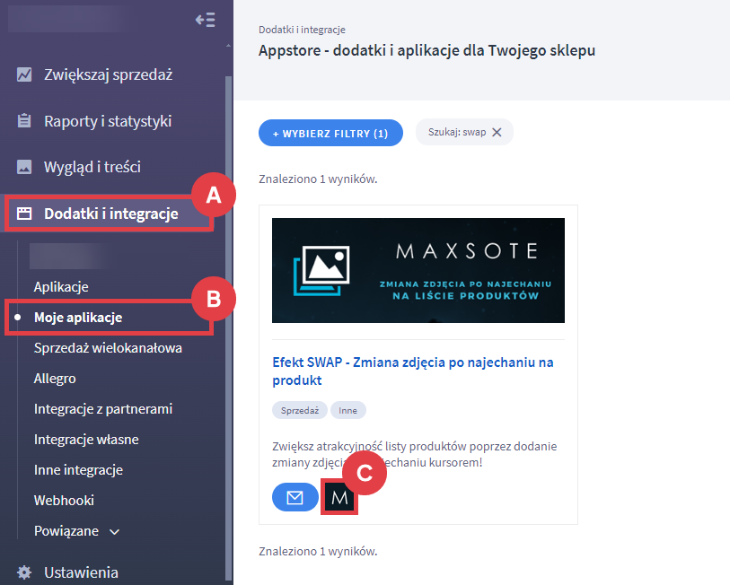 Zacznij od konfiguracji modułu po instalacji Efekt SWAP Panel administracyjny sklepu > Dodatki i integracje > Moje aplikacje > Efekt SWAP - Zmiana zdjęcia po najechaniu na produkt