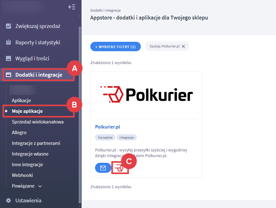 Panel administracyjny sklepu > Dodatki i integracje > Moje aplikacje > Polkurier.pl