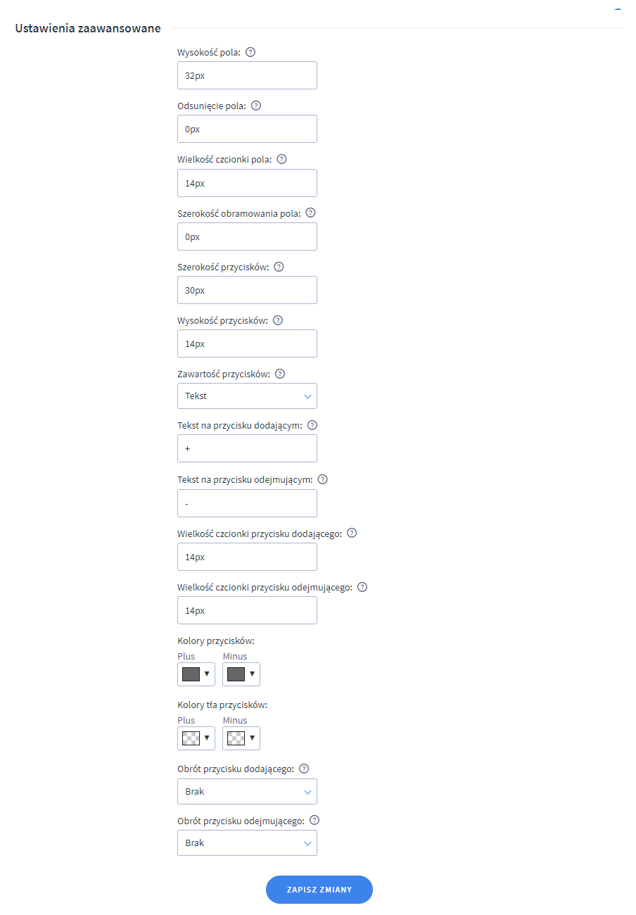 Panel administracyjny sklepu > Dodatki i integracje > Moje aplikacje > Wybór ilości na liście produktów > Ustawienia zaawansowane