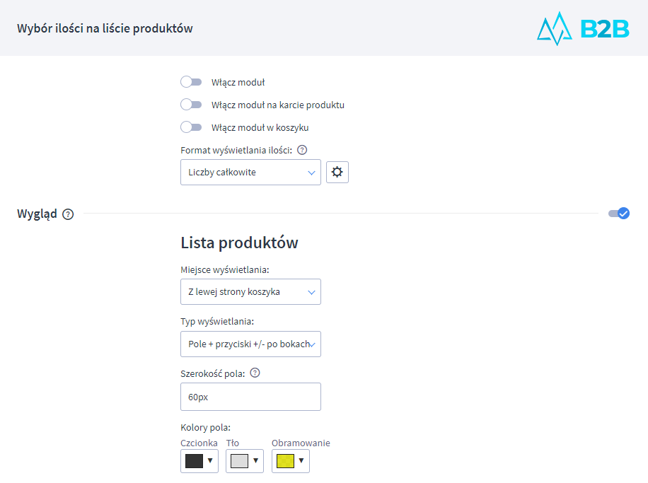 Panel administracyjny sklepu > Dodatki i integracje > Moje aplikacje > Wybór ilości na liście produktów > Wygląd