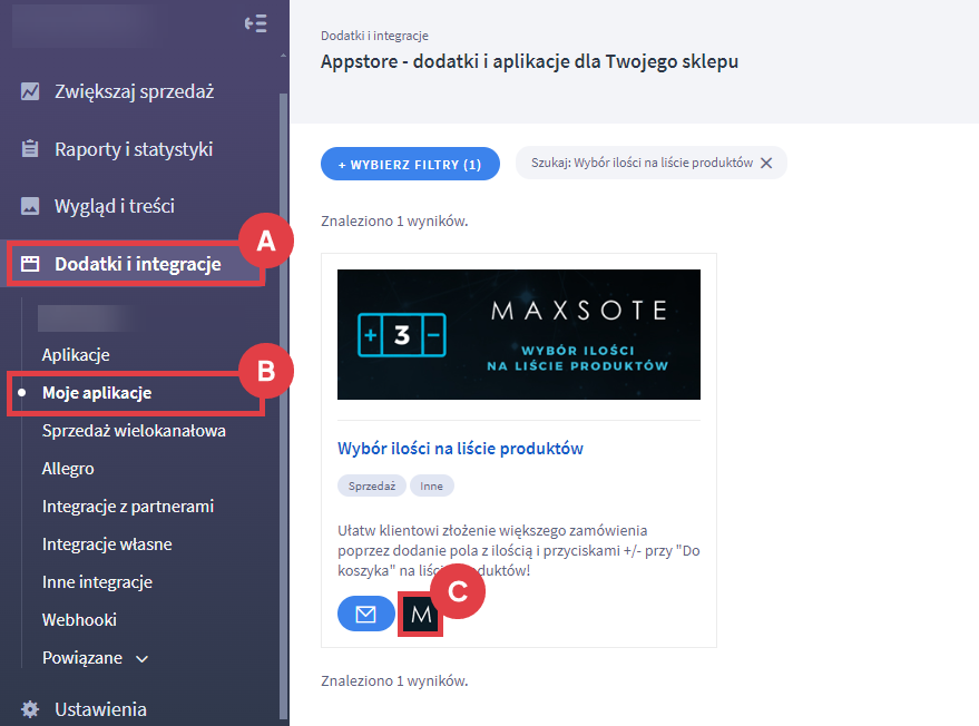 Panel administracyjny sklepu > Dodatki i integracje > Moje aplikacje > Wybór ilości na liście produktów