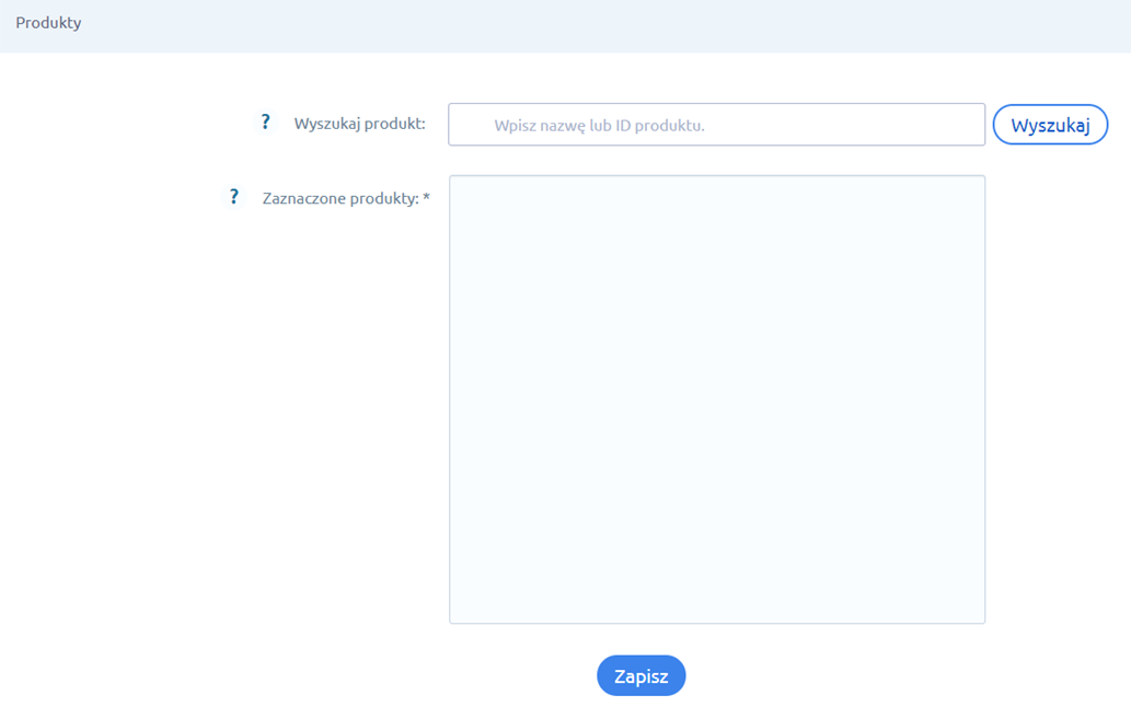 Panel administracyjny sklepu > Dodatki i integracje > Moje aplikacje > Wyprzedaże / Sekcje produktowe > Lista modułów > Dodawanie > Produkty