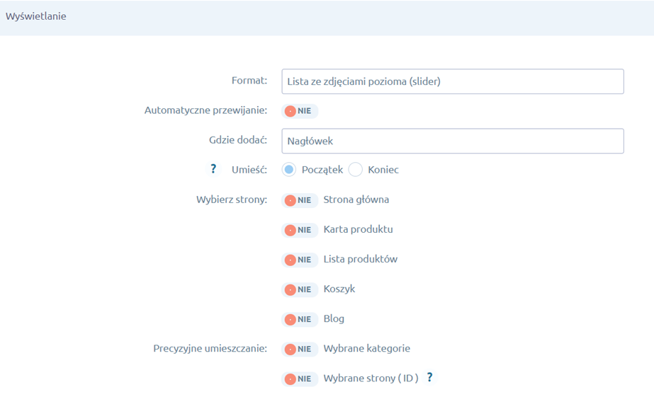 Panel administracyjny sklepu > Dodatki i integracje > Moje aplikacje > Wyprzedaże / Sekcje produktowe > Lista modułów > Dodawanie > Wyświetlanie