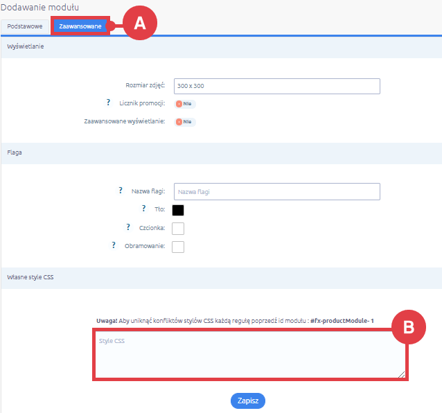Panel administracyjny sklepu > Dodatki i integracje > Moje aplikacje > Wyprzedaże / Sekcje produktowe > Lista modułów > Dodawanie > Zaawansowane