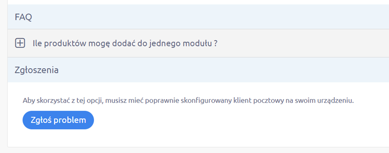 Panel administracyjny sklepu > Dodatki i integracje > Moje aplikacje > Wyprzedaże / Sekcje produktowe > Pomoc > FAQ