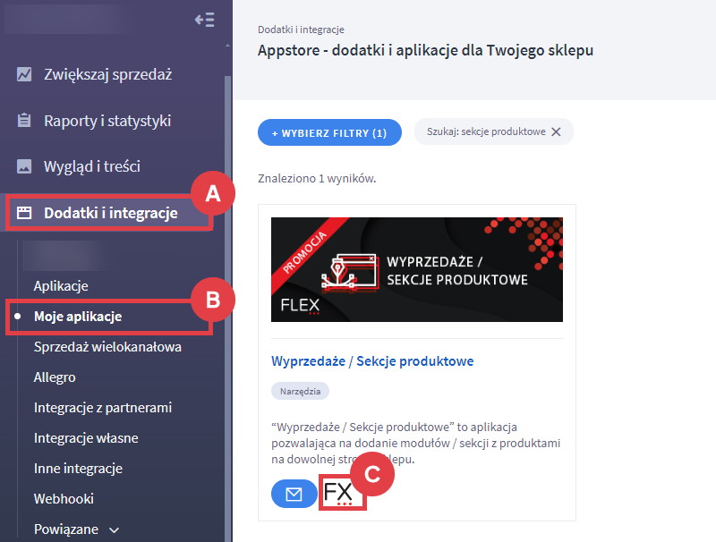 Panel administracyjny sklepu > Dodatki i integracje > Moje aplikacje > Wyprzedaże / Sekcje produktowe