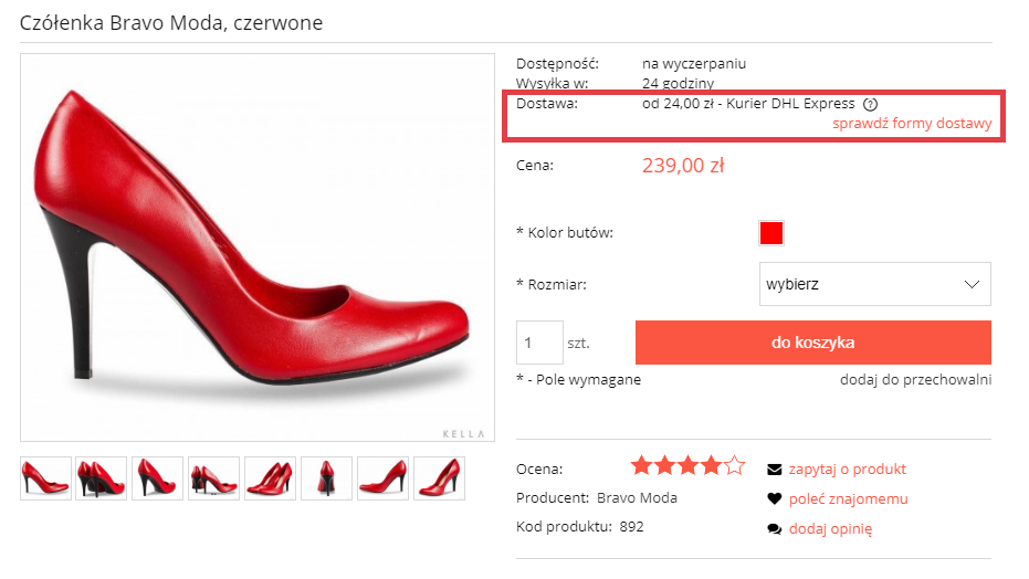 Przykład karty produktu w sklepie z widocznym kosztem dostawy Karta produktu z widocznym kosztem dostawy