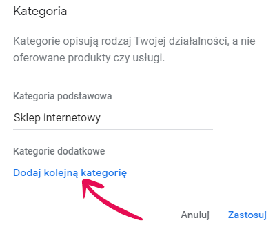 Kliknij opcję: Dodaj kolejną kategorię, aby dodać dodatkową kategorię przypisaną do firmy