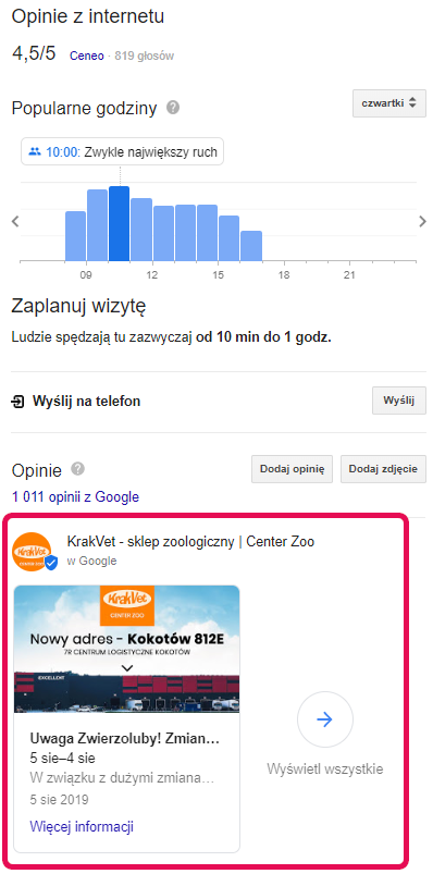 Opinie wyświetlane na koncie firmy w wizytówce Google