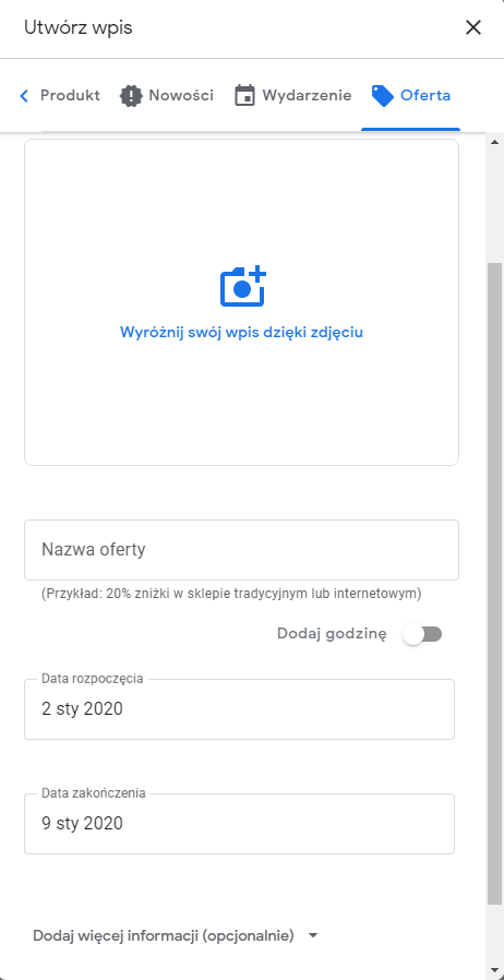 Formularz tworzenia nowego wpisu na wizytówce firmy w Google Moja Firma