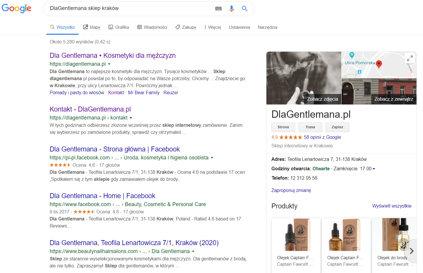 Przykład wizytówki firmy w wyszukiwarce Google