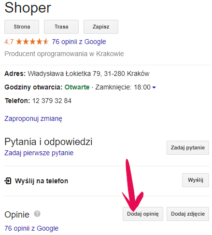 Kliknij przycisk: Dodaj opinię, aby opublikować recenzję i ocenę firmy