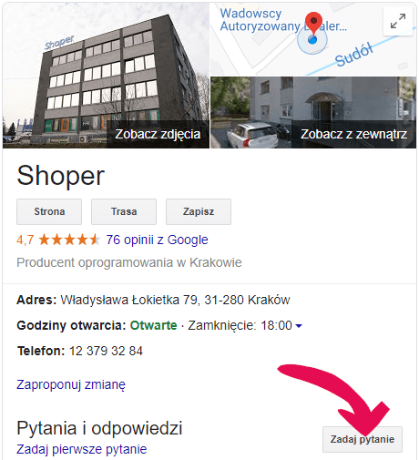 Funkcja: Zadaj pytanie na wizytówce firmy w Google